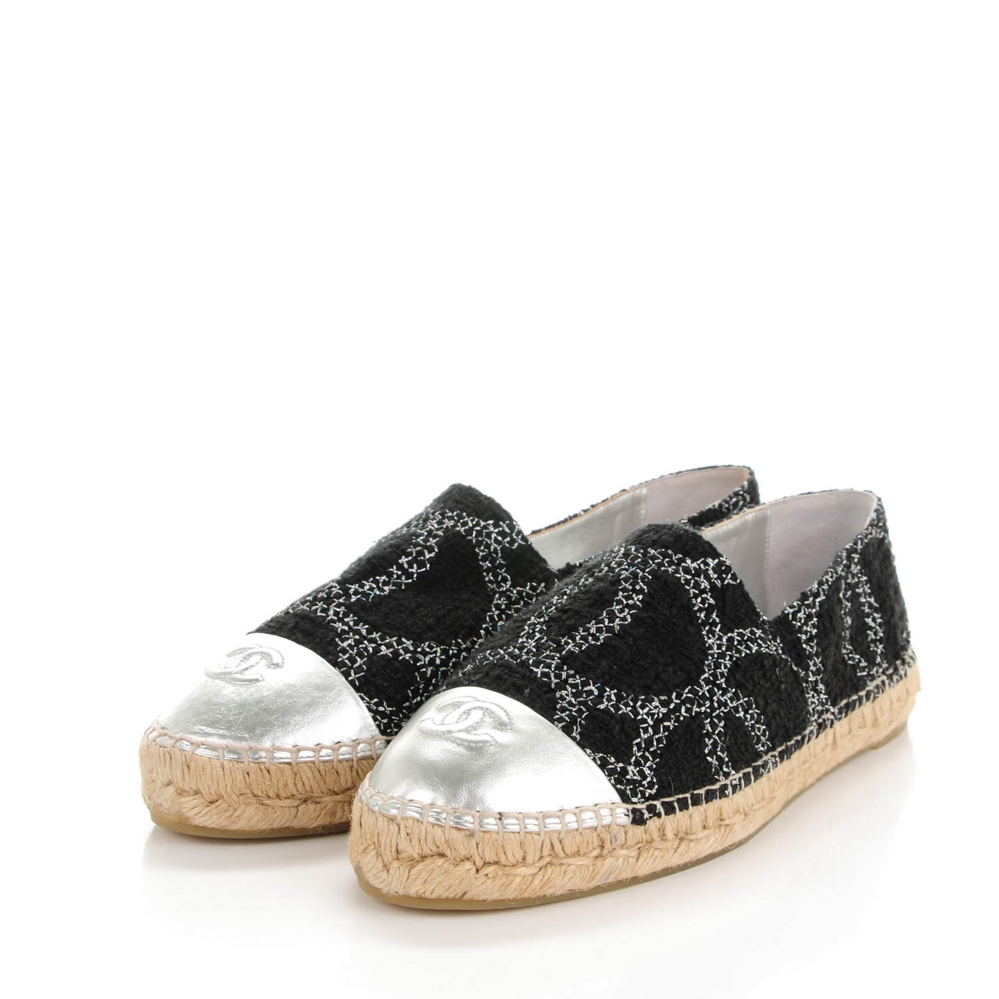 Tweed Lambskin CC Espadrilles 42 Black Silver