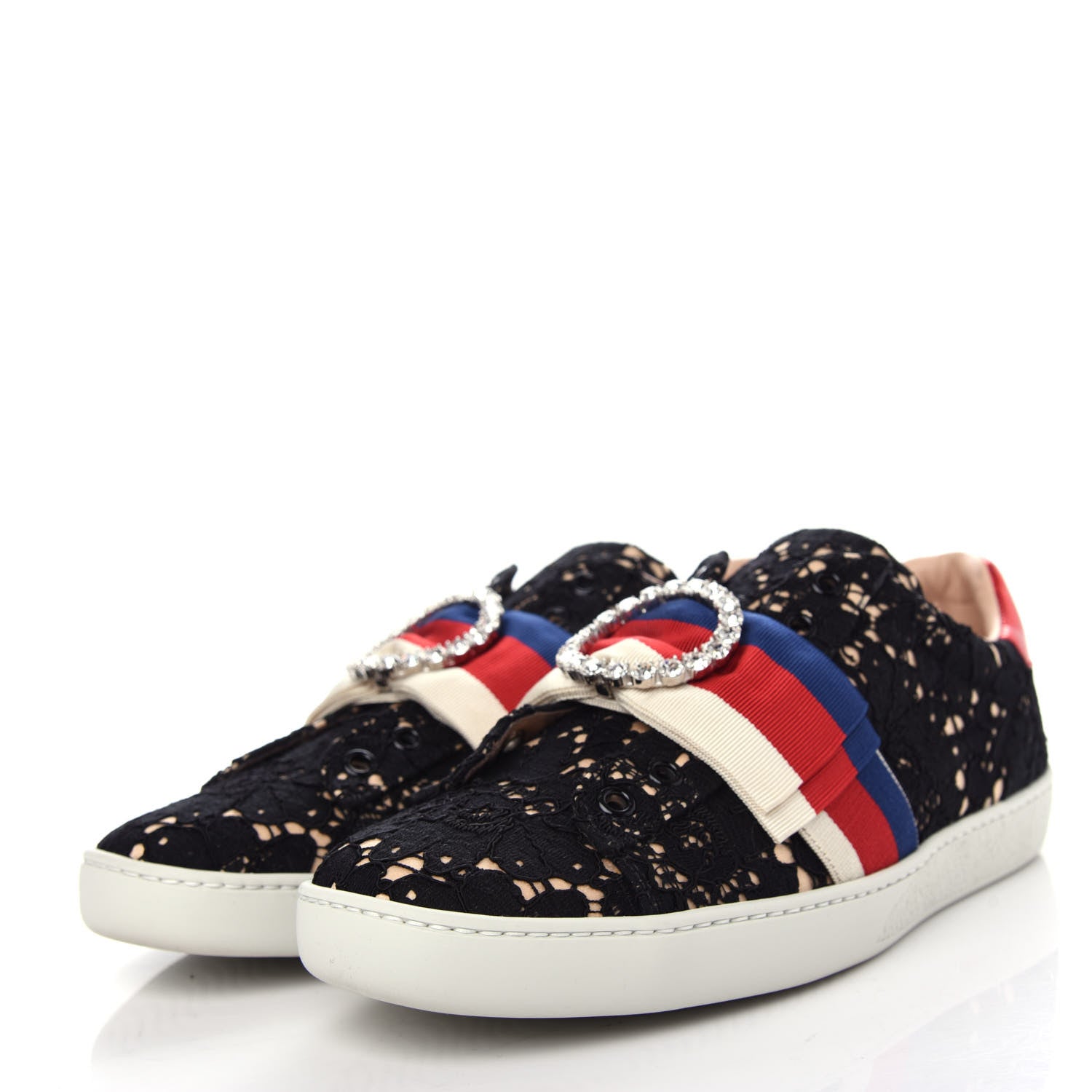 Gucci Lace Crystal Sylvie Web Flower Leaf Womens Ace Sneakers 38.5 Black Tan Beige 3 of 11