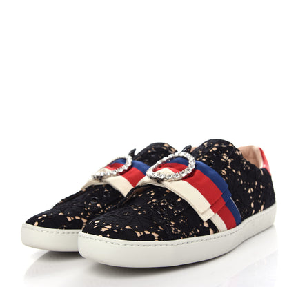 Gucci Lace Crystal Sylvie Web Flower Leaf Womens Ace Sneakers 38.5 Black Tan Beige 3 of 11