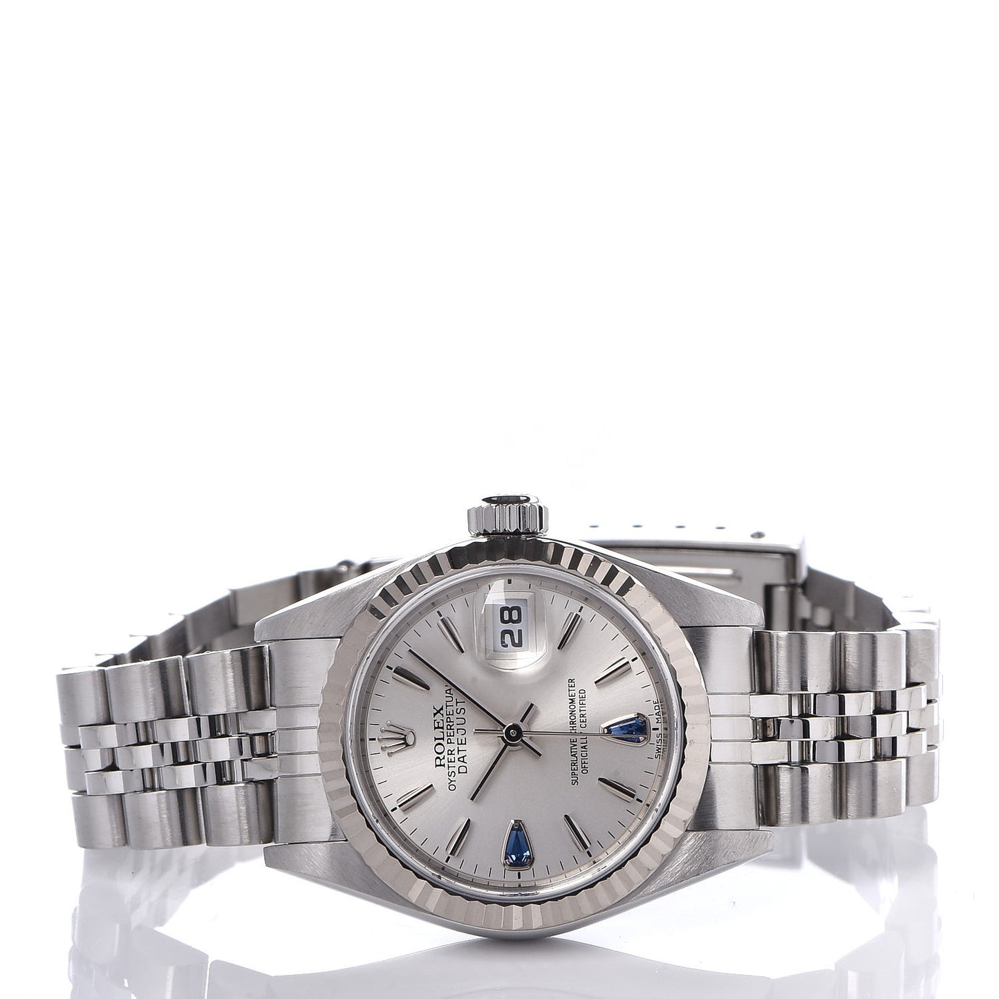 Stainless Steel 18K White Gold Blue Sapphire 26mm Oyster Perpetual Datejust Watch Silver 79174