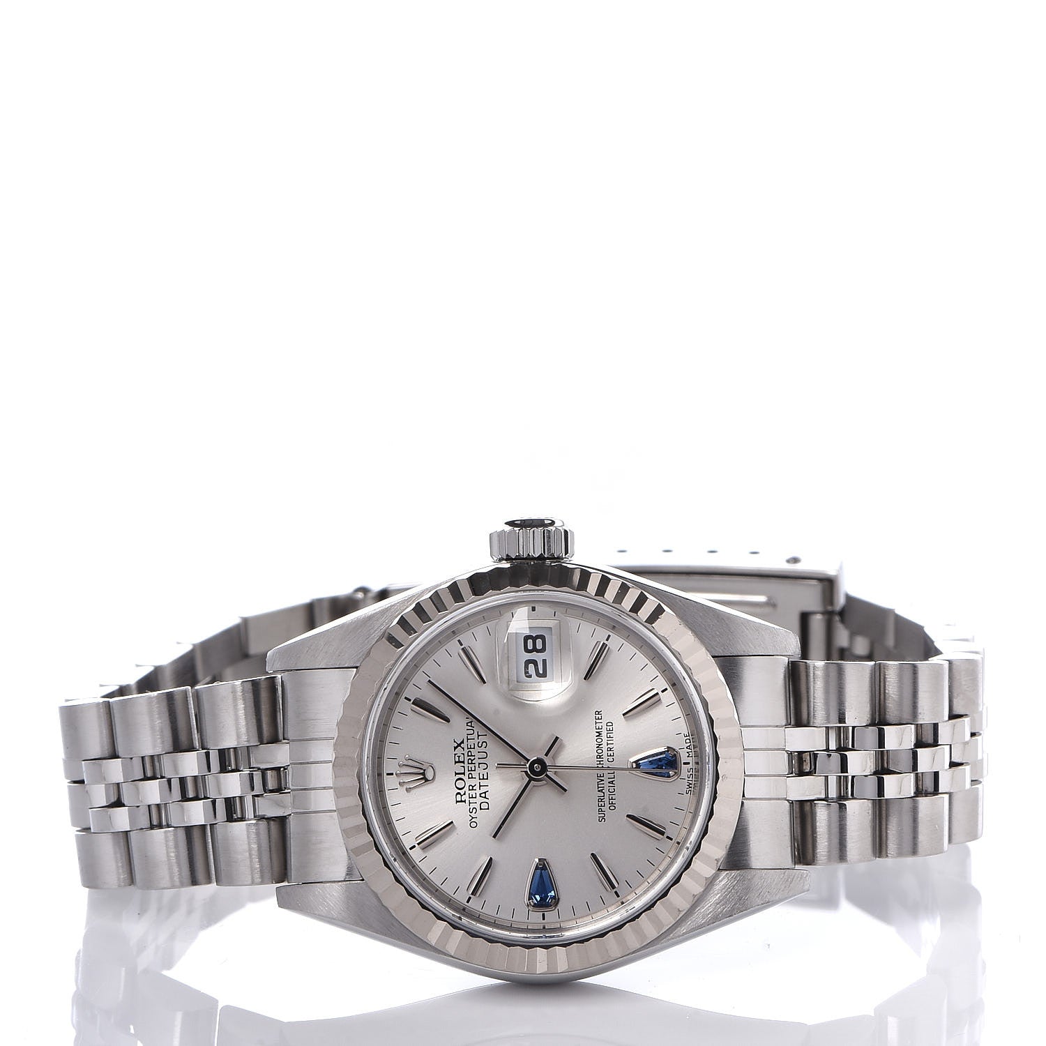 Rolex Stainless Steel 18K White Gold Blue Sapphire 26mm Oyster Perpetual Datejust Watch Silver 79174 3 of 6