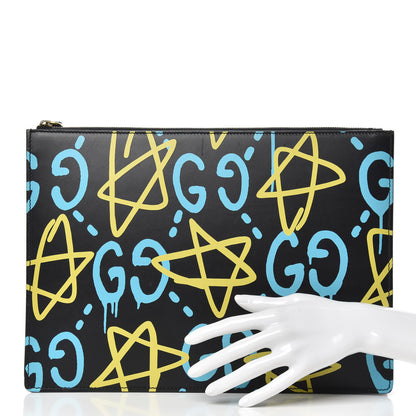 Gucci Calfskin GucciGhost Print GG Medium Documents Holder Black New Acquamarine 2 of 10
