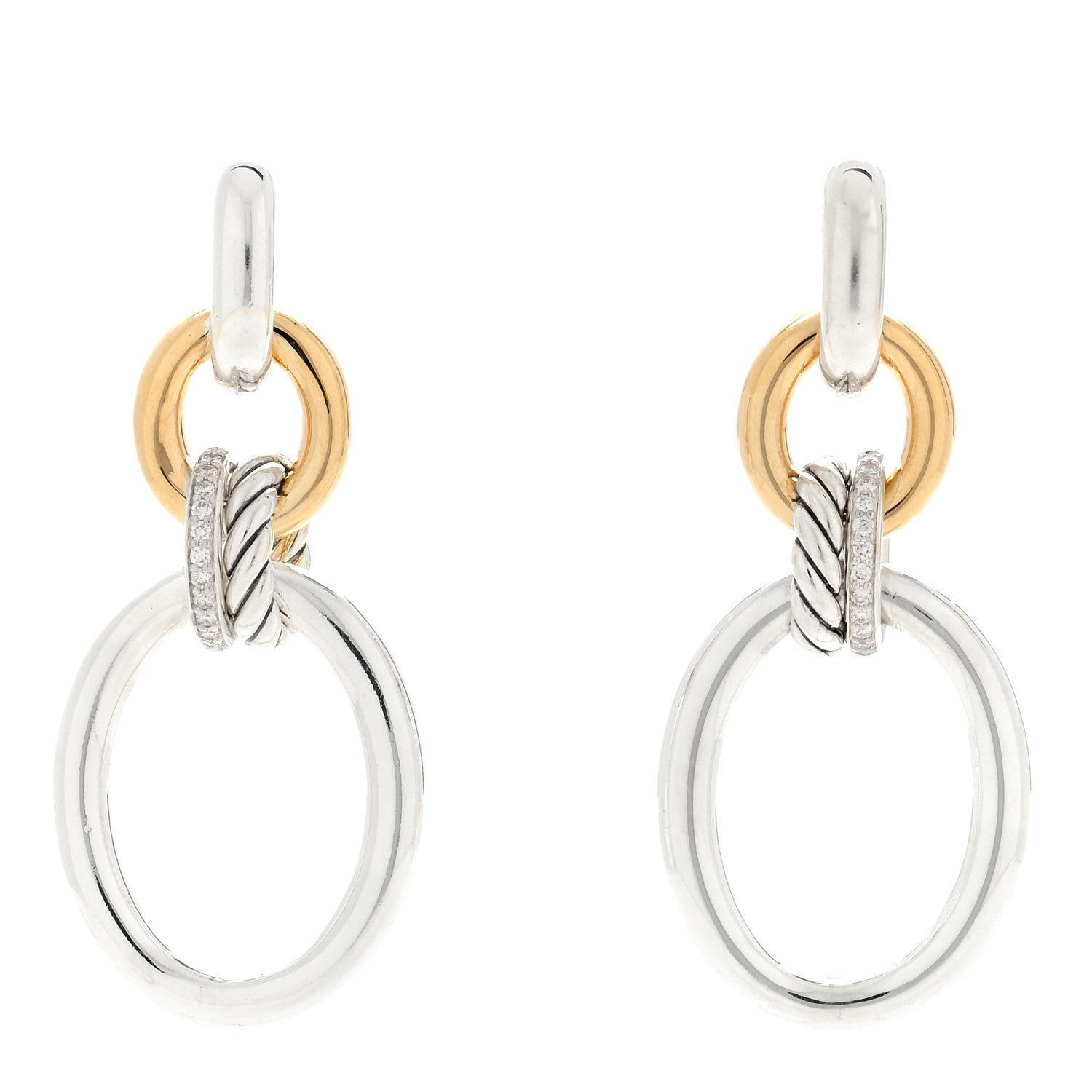 David Yurman Sterling Silver 18K Yellow Gold Diamond DY Mercer Circular Drop Earrings 1 of 3