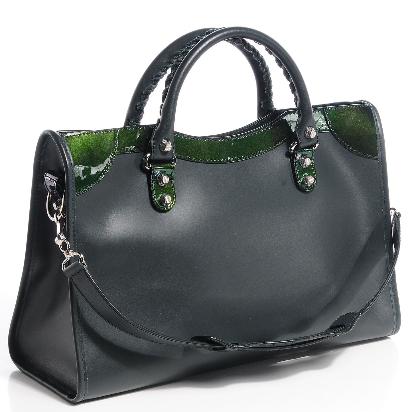Smooth Calfskin Metallic Patent Giant 12 Silver Hardware City Vert Poker Fonce