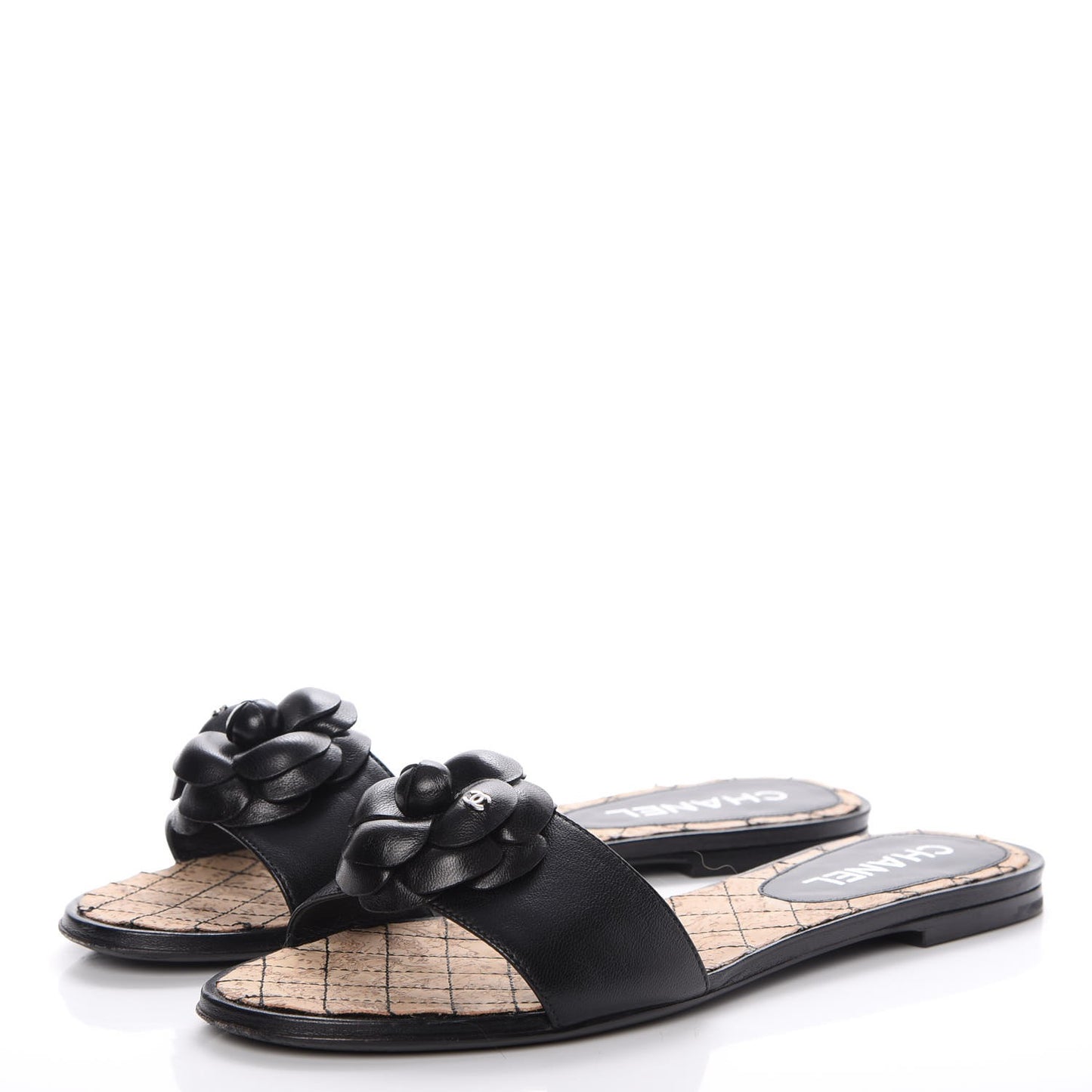 Calfskin Cork Camellia Sandals 40 Black