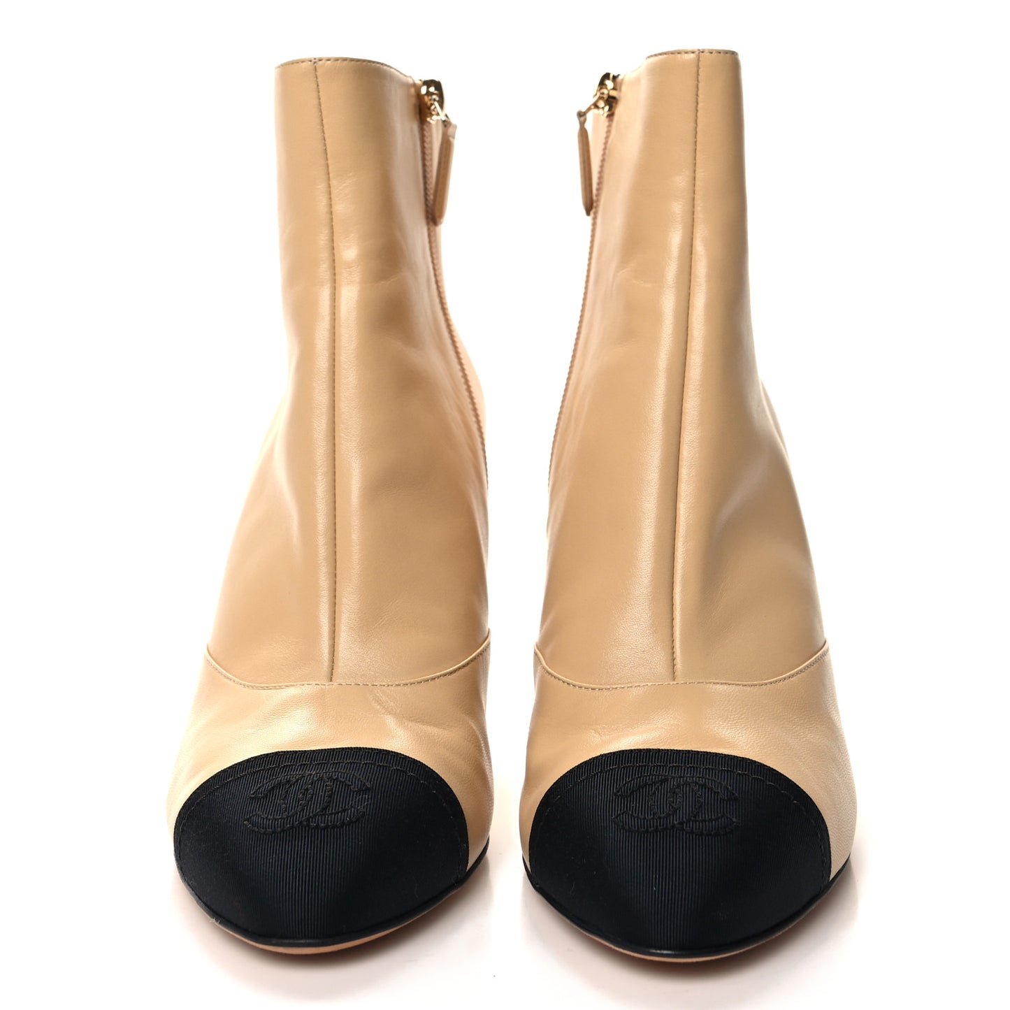 Lambskin Grosgrain Cap Toe CC Short Ankle Boots 38 Beige Black