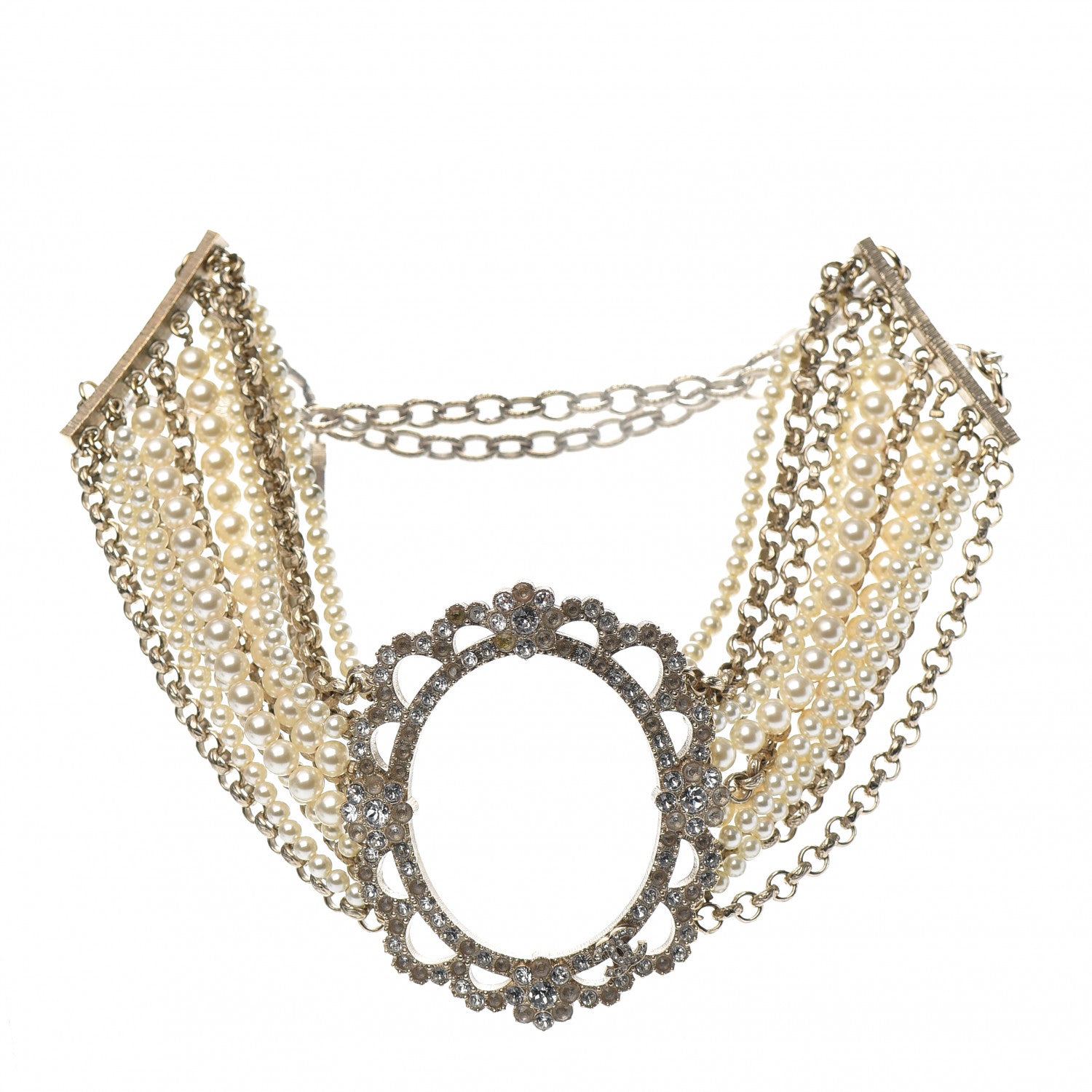 Chanel Pearl Crystal CC Choker Necklace Gold Silver 1 of 4