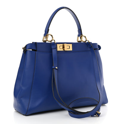 Fendi Vitello Morgan Fabric Jacquard Pequin Medium Peekaboo Iconic Satchel Blue Neon Tobacco 3 of 13