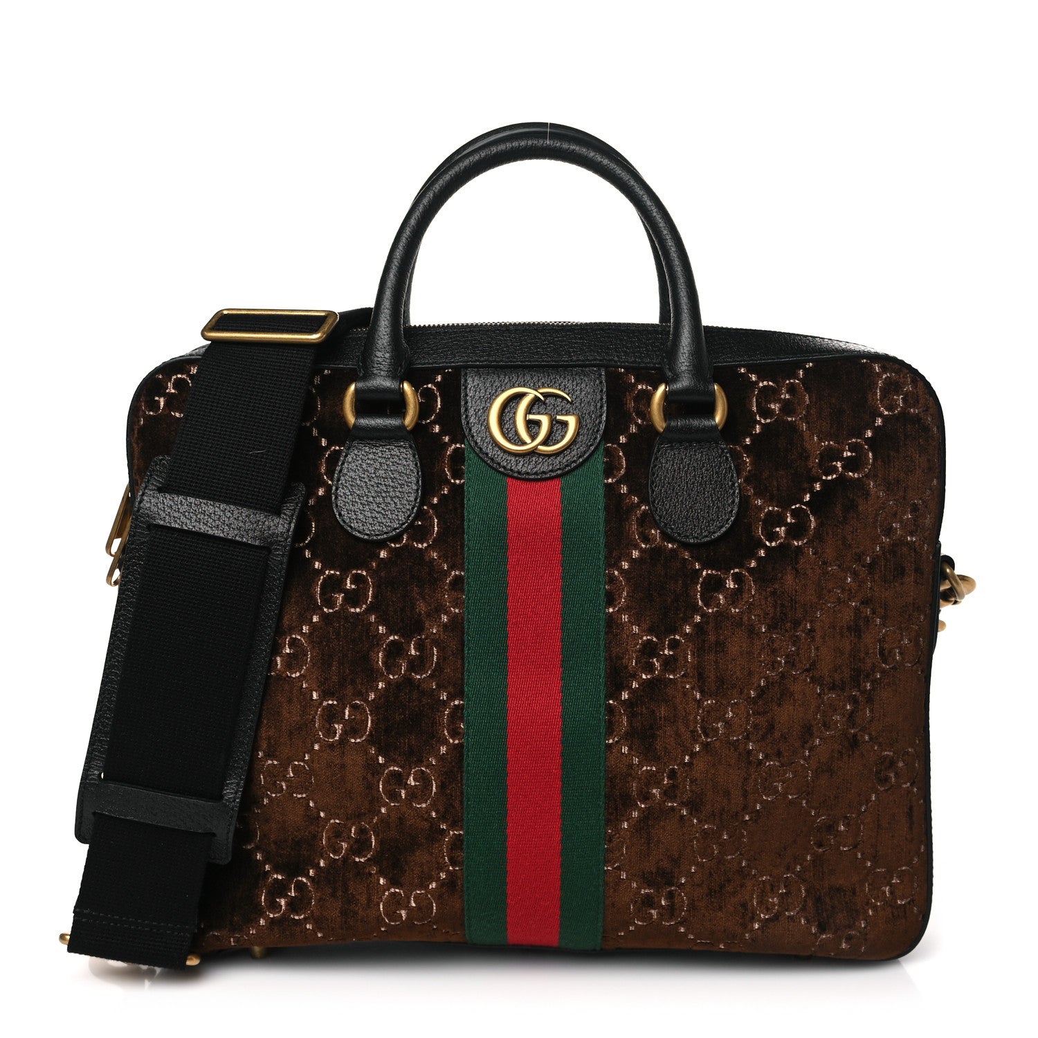 Gucci Velvet GG Supreme Monogram Textured Calfskin Web Medium Ophidia Briefcase Brown Black 1 of 10