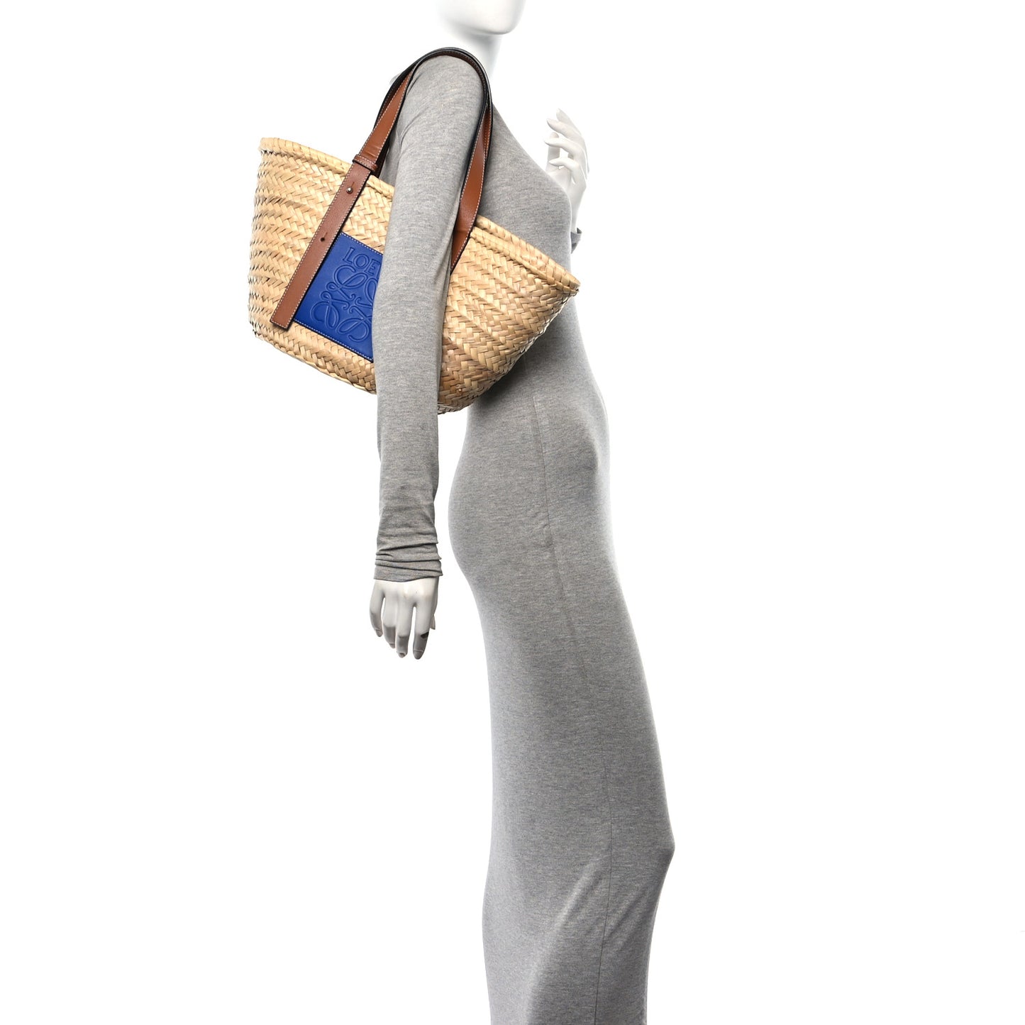 Raffia Basket Tote Bag Natural Tan Navy