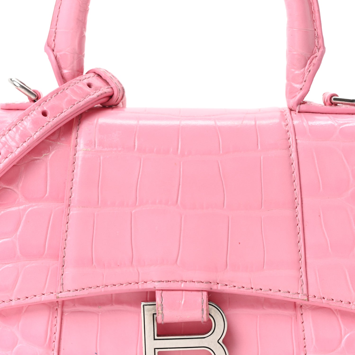 Balenciaga Shiny Calfskin Crocodile Embossed Hourglass Top Handle Bag XS Sweet Pink 9 of 11