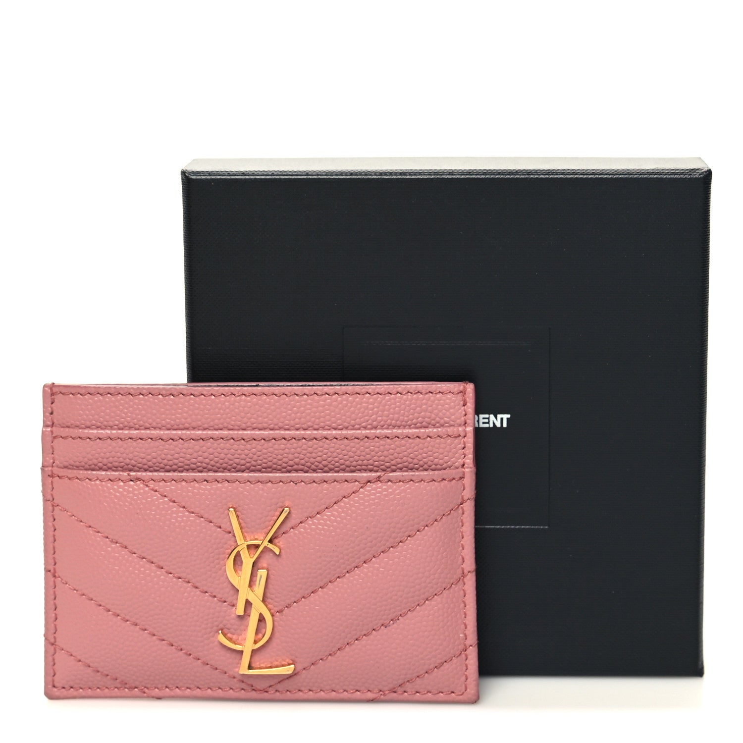 Saint Laurent Grain De Poudre Matelasse Chevron Monogram Credit Card Case Dark Rose 11 of 11