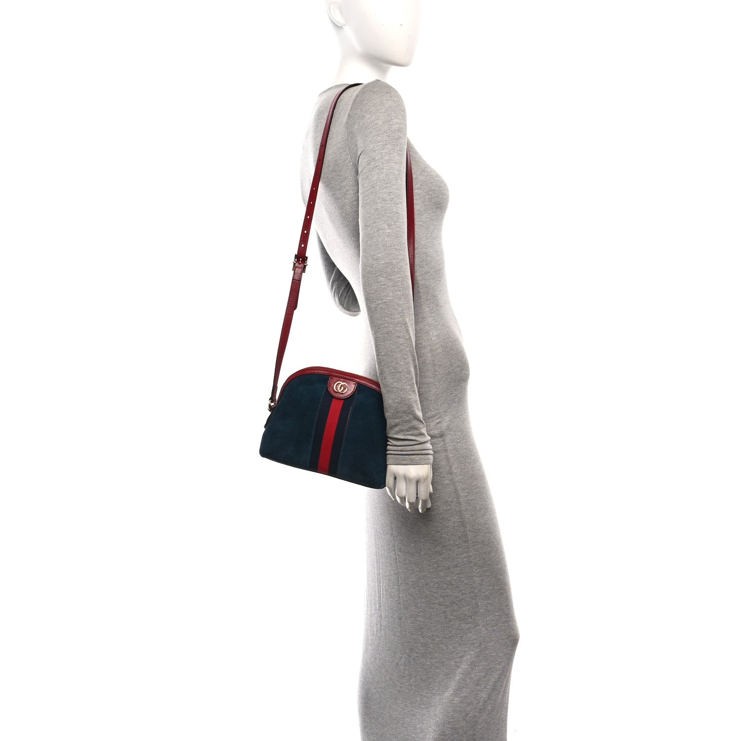 Gucci Suede Calfskin Web Small Ophidia Dome Shoulder Bag New Blue Romantic Cherry 2 of 12