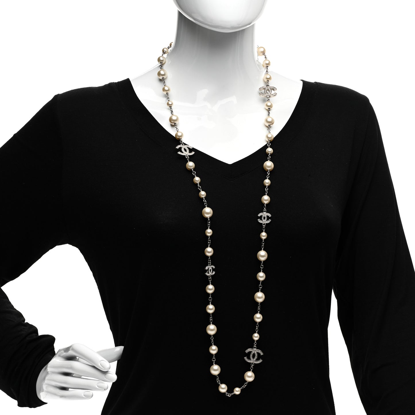 Graduated Pearl Crystal CC Long Necklace Silver