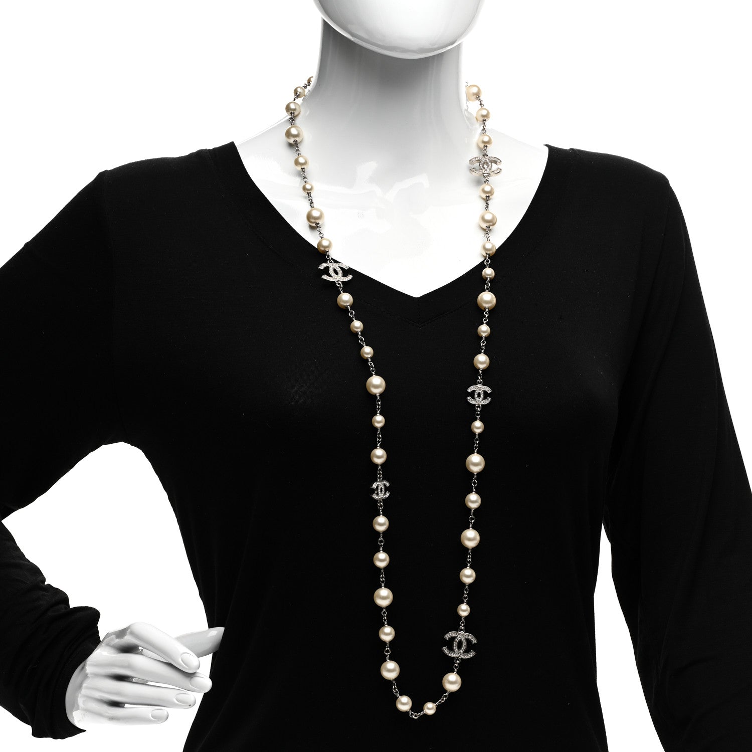 Chanel Graduated Pearl Crystal CC Long Necklace Silver 3 of 6