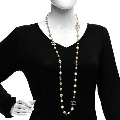 Chanel Graduated Pearl Crystal CC Long Necklace Silver 3 of 6