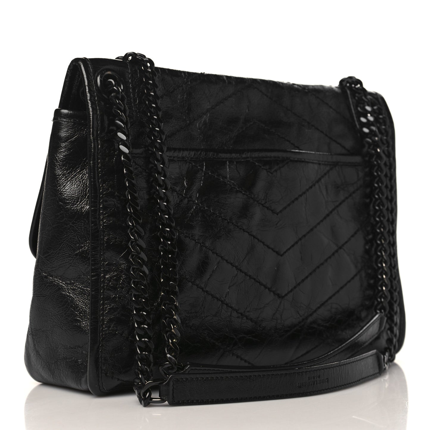 Crinkled Calfskin Matelasse Monogram Medium Niki Chain Satchel Black