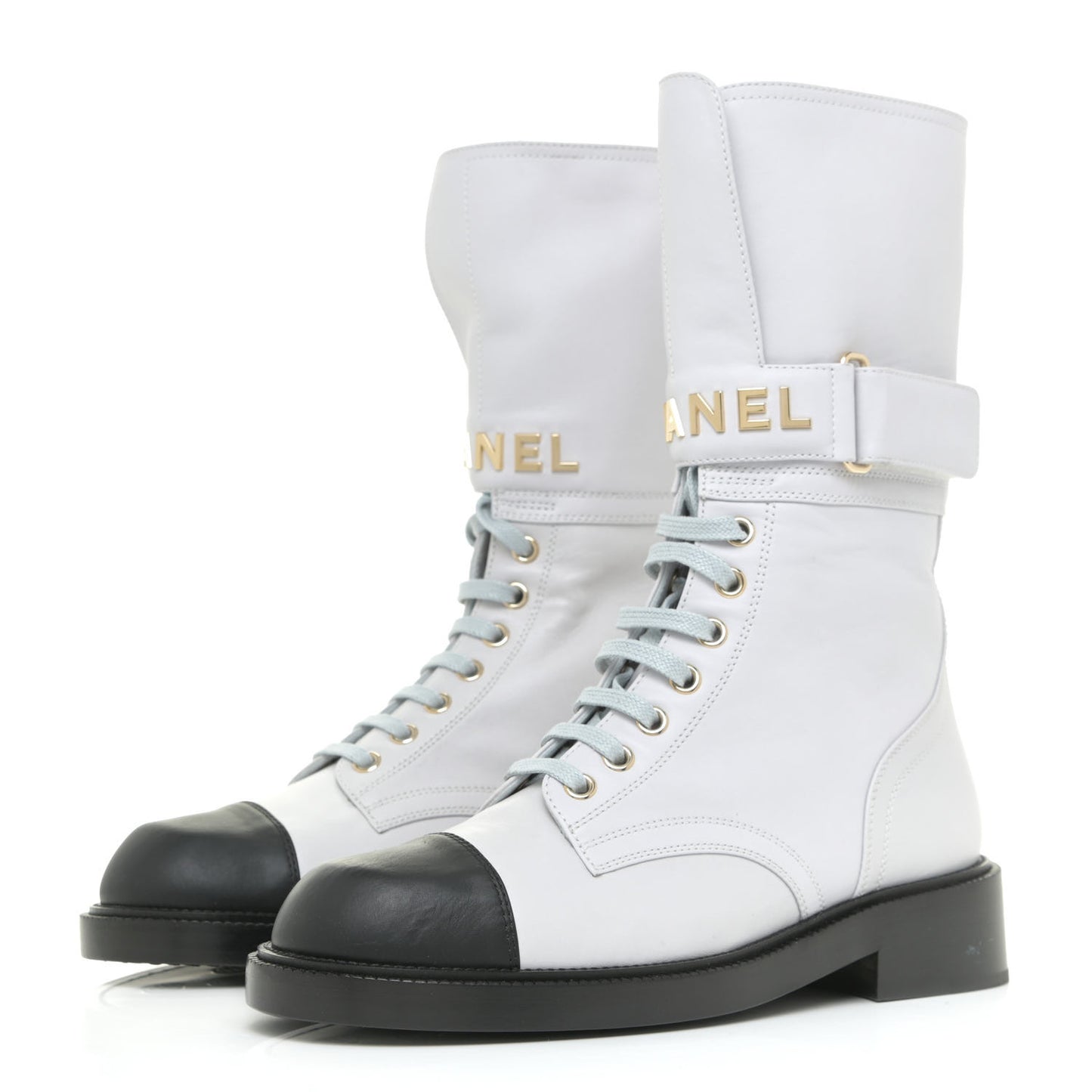 Calfskin Lace Up Logo Mid Calf Combat Boots 37 White Black