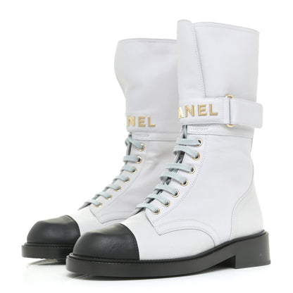 Chanel Calfskin Lace Up Logo Mid Calf Combat Boots 37 White Black 3 of 13