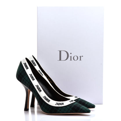 Christian Dior Canvas Ribbon Tartan Print Embroidered J'Adior 100mm Pumps 37 Black Green 9 of 9