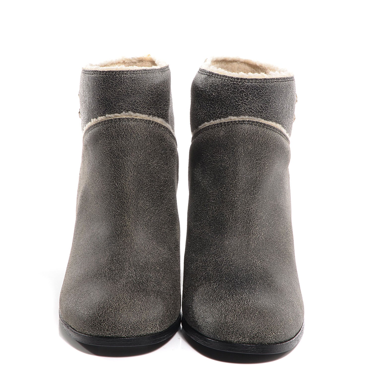 Chanel Distressed Shearling Ankle Boots Shoes 38.5 Black Beige 2 of 7