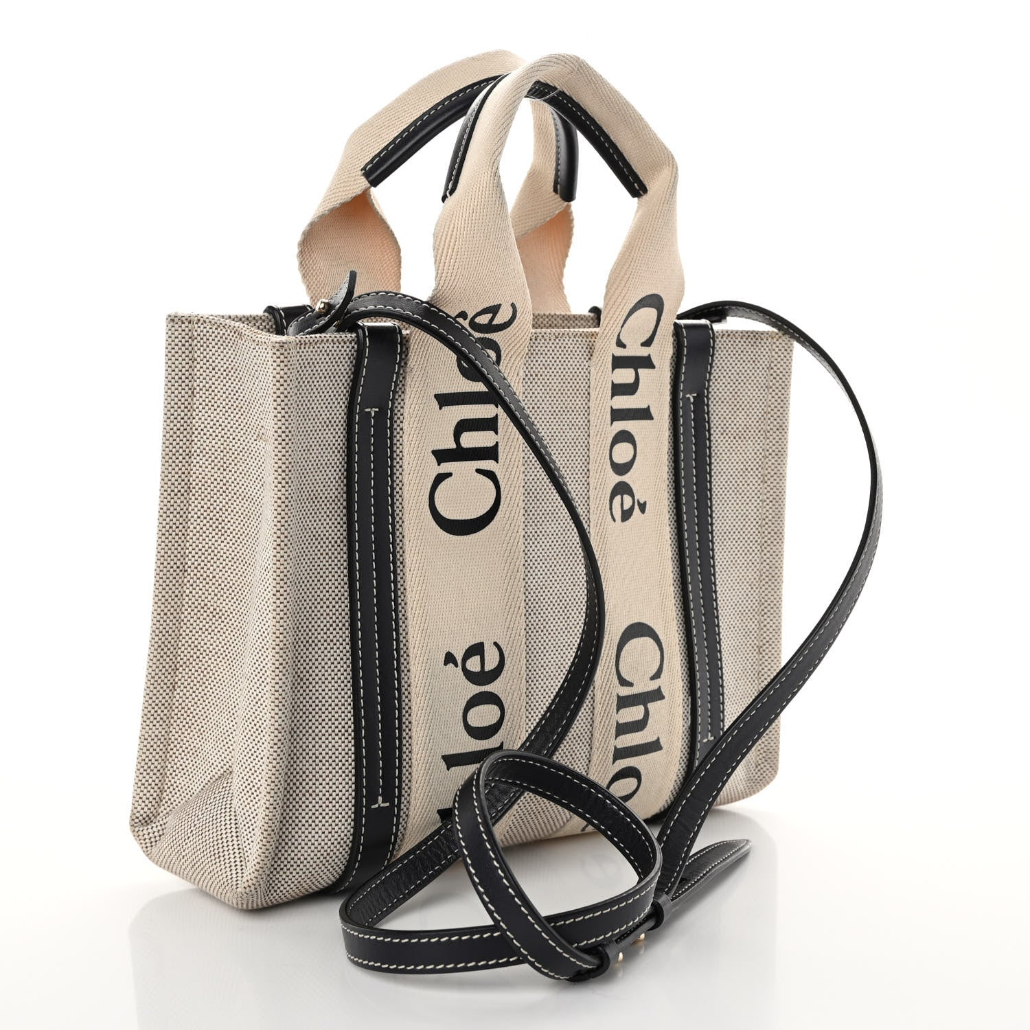 Chloe Cotton Calfskin Small Woody Ribbon Tote With Strap White Navy 3 of 10