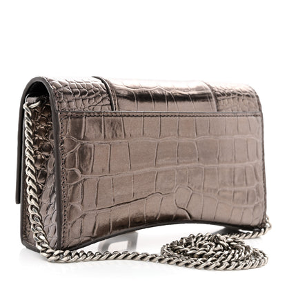 Balenciaga Shiny Metallic Calfskin Crocodile Embossed Hourglass Chain Bag Dark Bronze 3 of 10