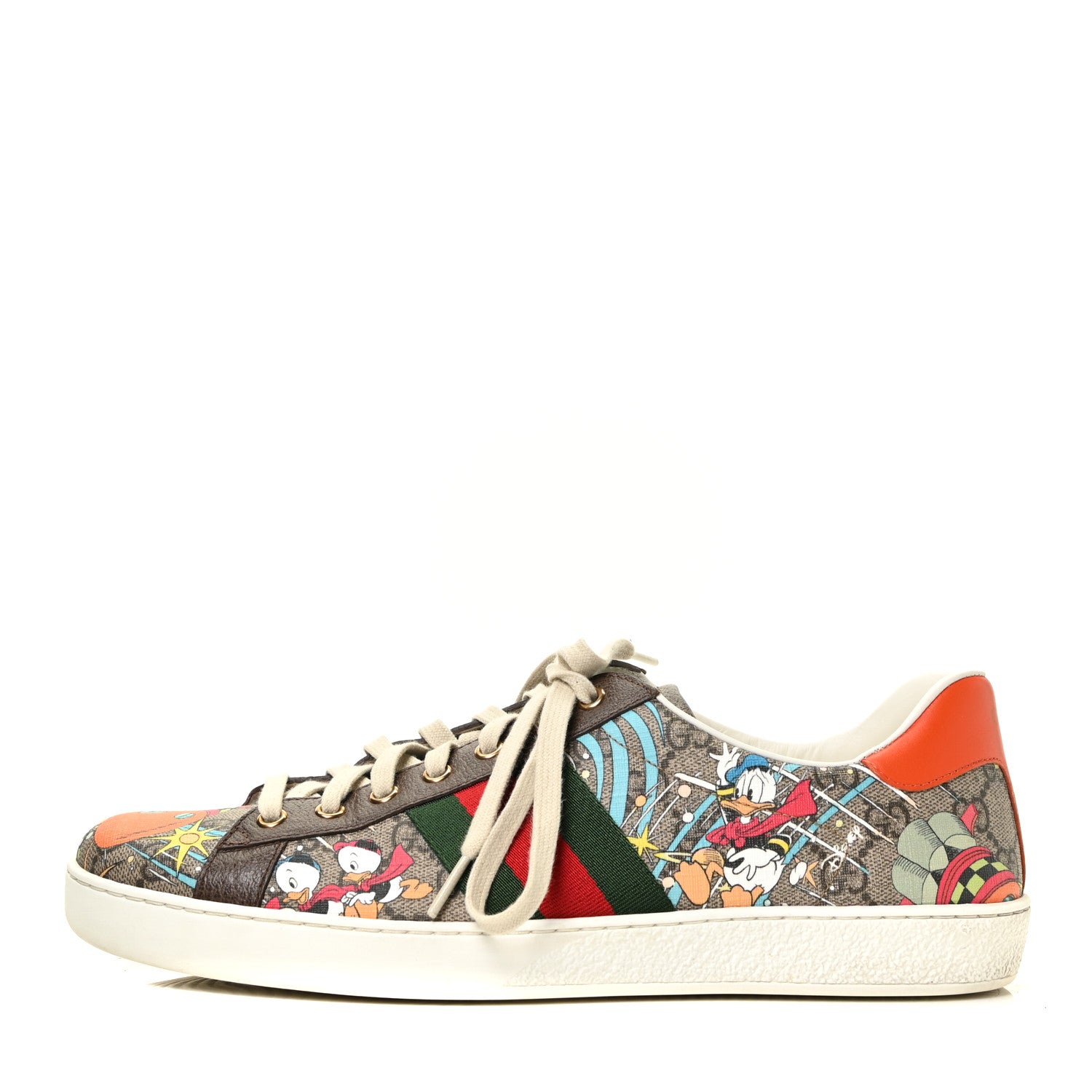 Gucci X DISNEY GG Supreme Monogram Web Donald Duck Mens Ace Sneakers 10 Beige New Acero Orange 1 of 8