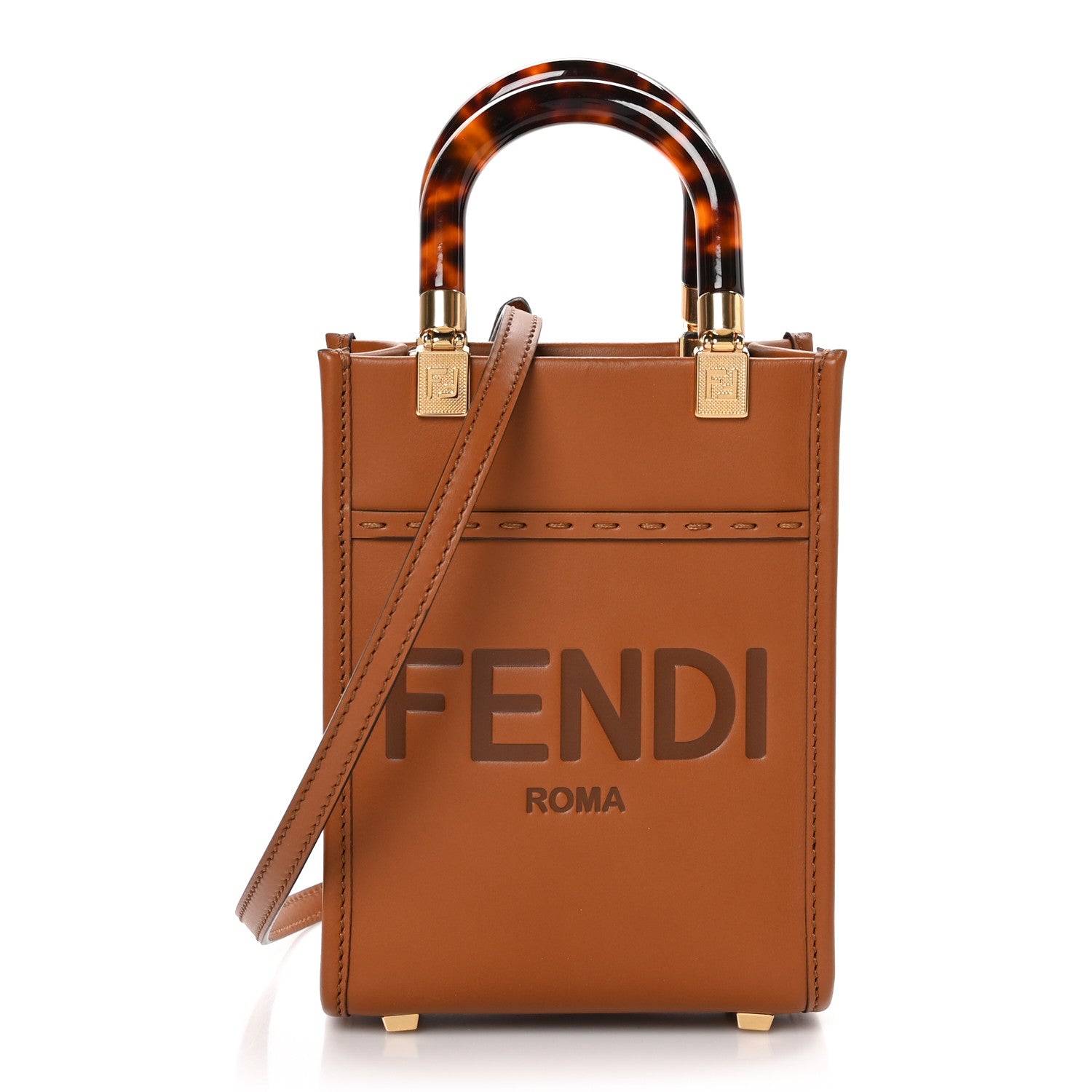 Fendi Vitello King Plexiglass Logo Embossed Mini Fendi Sunshine Shopper Tote Cuoio 1 of 10