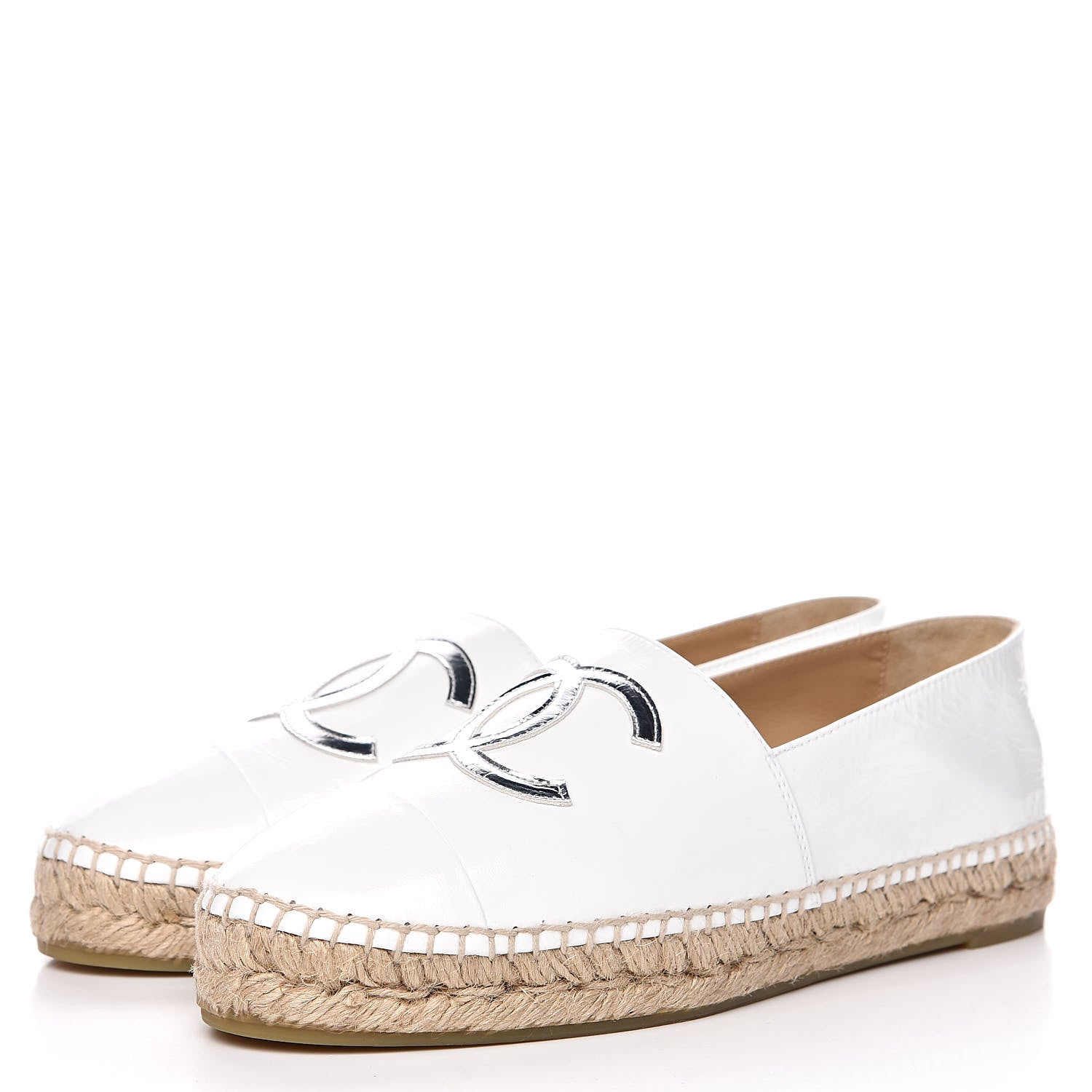 Chanel Distressed Patent CC Espadrilles 39 White Silver 3 of 10