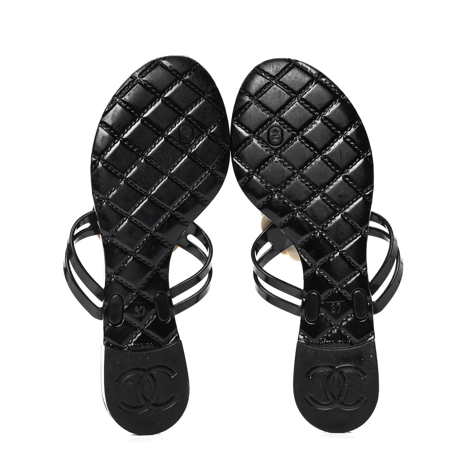 Chanel Jelly Camellia Thong Sandals 37 Black Ivory 5 of 5