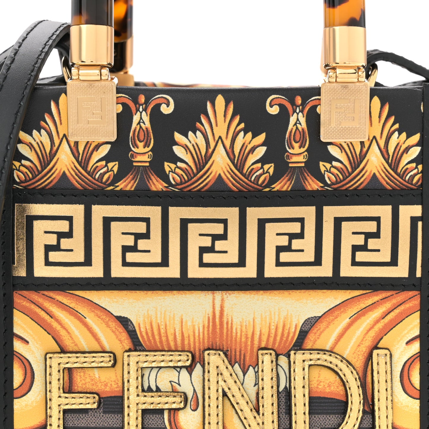 X VERSACE Vitello King Catalan Mirror Plexiglass Fendace FF Baroque Logo Mini Fendi Sunshine Shopper Tote Black Gold