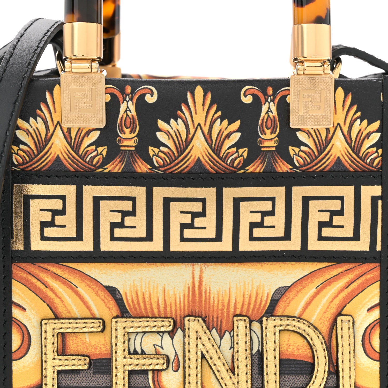 Fendi X VERSACE Vitello King Catalan Mirror Plexiglass Fendace FF Baroque Logo Mini Fendi Sunshine Shopper Tote Black Gold 8 of 11