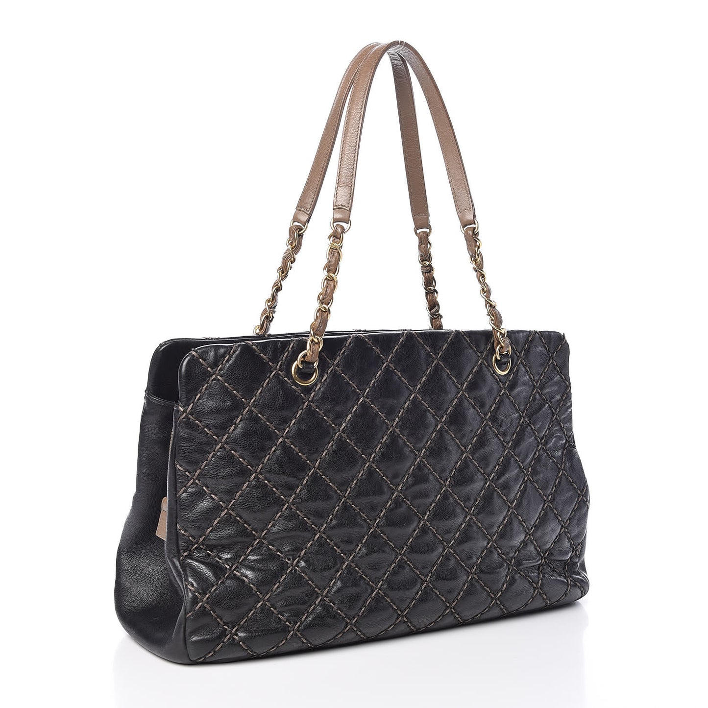 Calfskin Double Contrast Stitch Large Tote Black