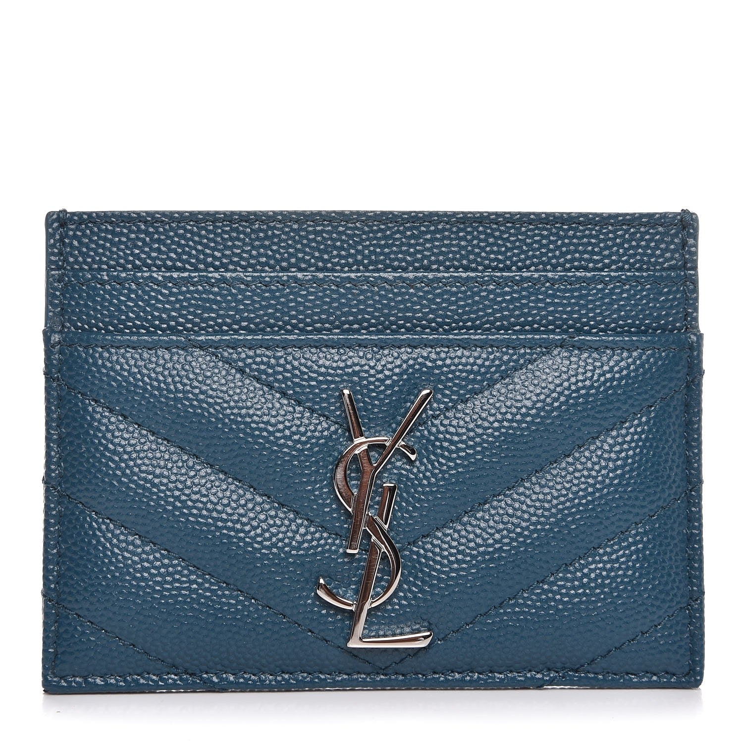 Saint Laurent Grain De Poudre Matelasse Chevron Monogram Credit Card Case Peacock Green 1 of 8