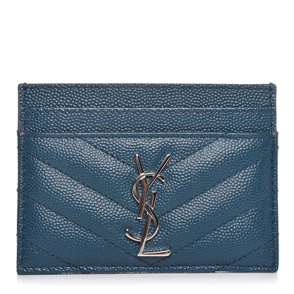 Saint Laurent Grain De Poudre Matelasse Chevron Monogram Credit Card Case Peacock Green 1 of 8