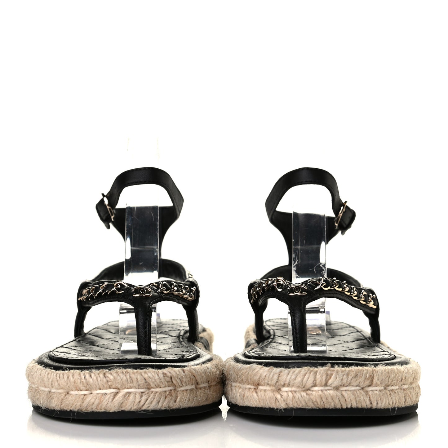 Lambskin Chain CC Thong Espadrille Sandals 36 Black