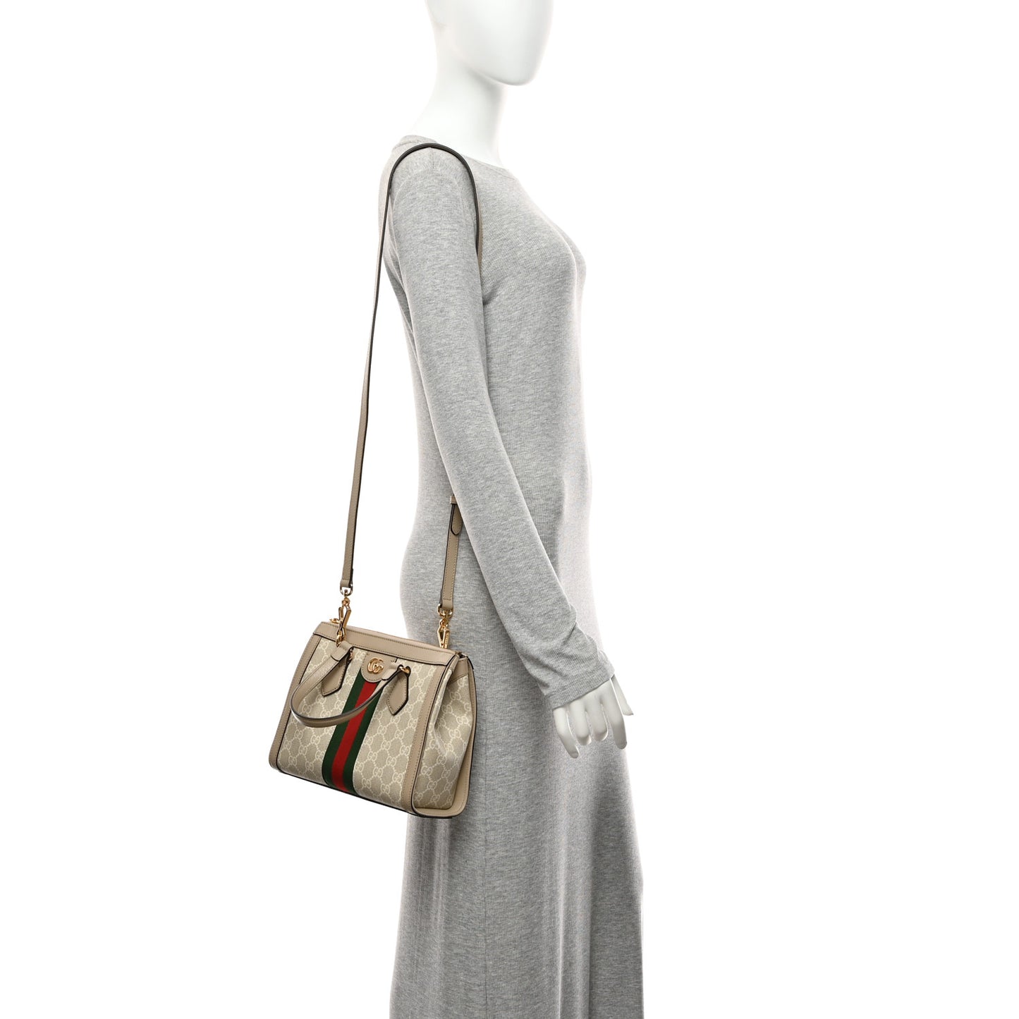 GG Supreme Monogram Textured Dollar Calfskin Web Small Ophidia Tote Bag Beige Mystic White Oatmeal