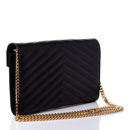 Saint Laurent Grain De Poudre Matelasse Chevron Monogram Chain Wallet Black 2 of 4