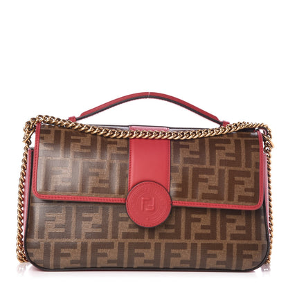 Fendi Vitello Grace Glazed Fabric FF 1974 Double F Shoulder Bag Fragola Mogano Panna 1 of 8