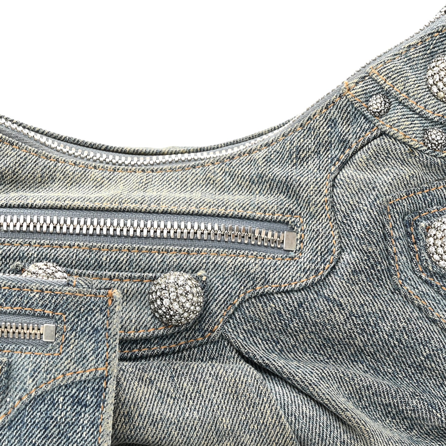 Washed Frayed Denim Crystal Small Le Cagole Shoulder Bag Blue