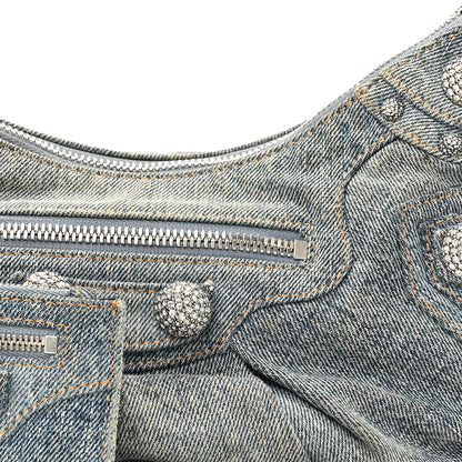 Balenciaga Washed Frayed Denim Crystal Small Le Cagole Shoulder Bag Blue 9 of 15