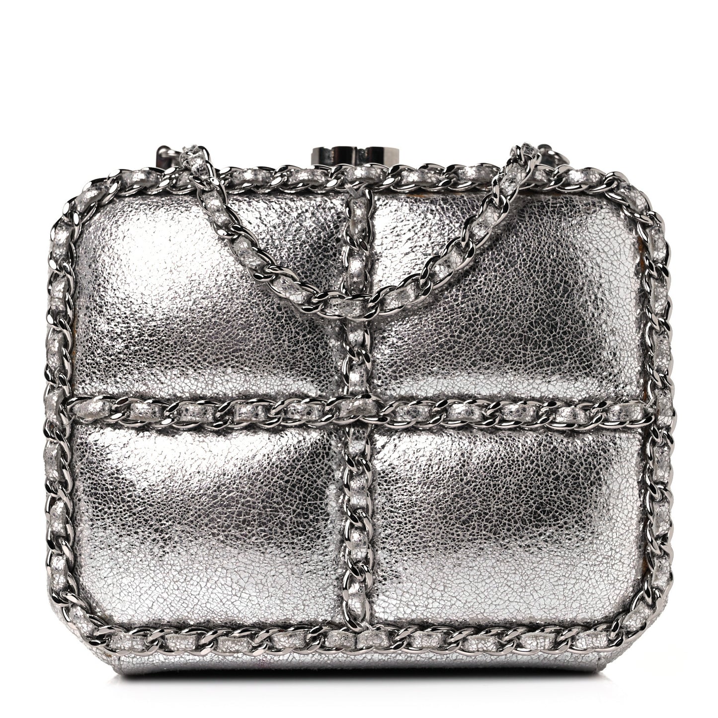 Metallic Lambskin Minaudiere Clutch Silver