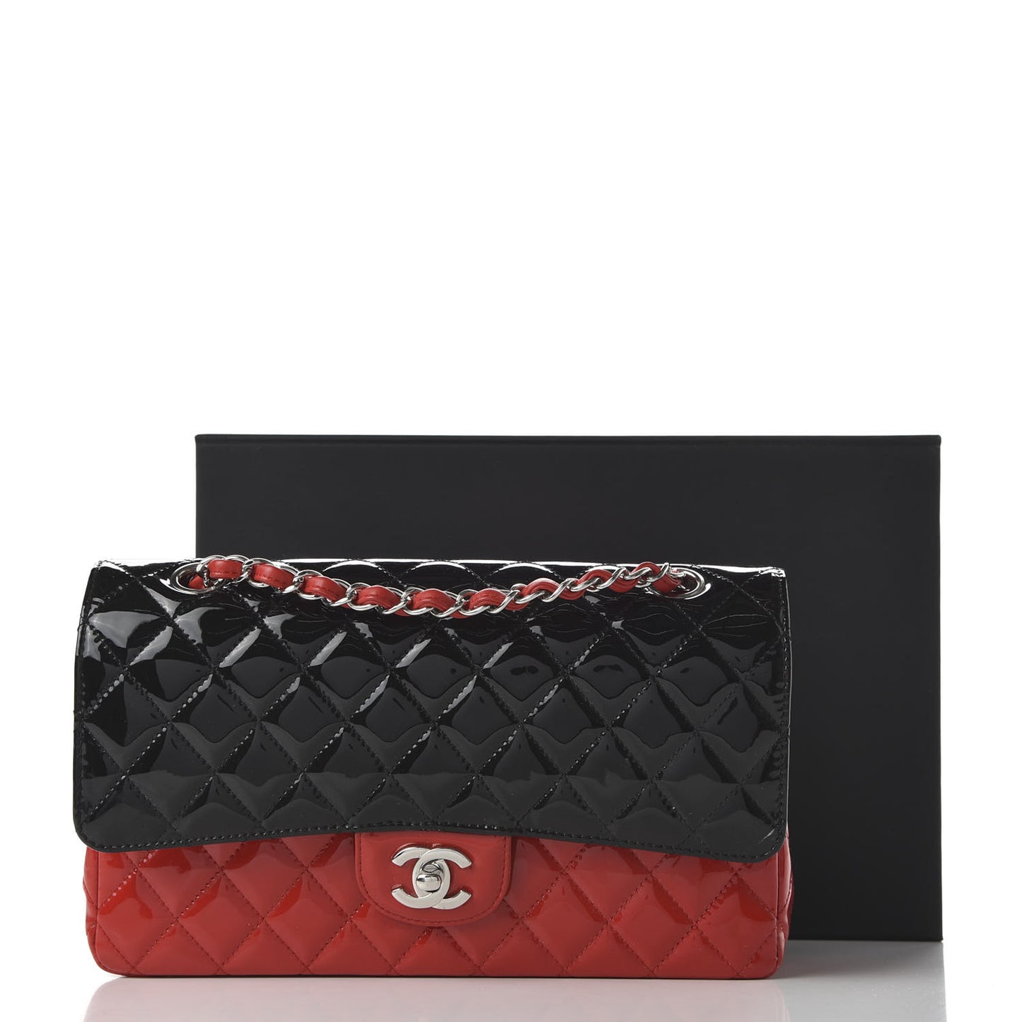 Patent Calfskin Quilted Bi-Color Medium Double Flap Black Red