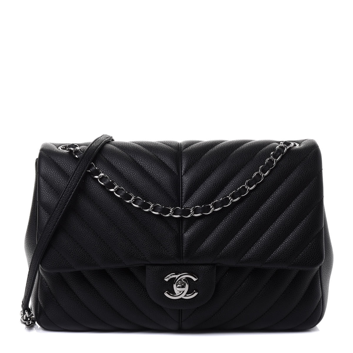 Caviar Chevron Quilted Large Puffy CC Flap Black