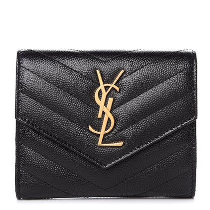 Saint Laurent Grain De Poudre Matelasse Chevron Monogram Compact Tri Fold Wallet Black 1 of 8