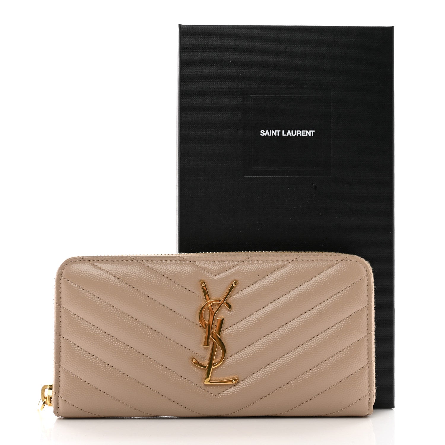 Saint Laurent Grain De Poudre Matelasse Chevron Monogram Zip Around Wallet Dark Beige 8 of 8
