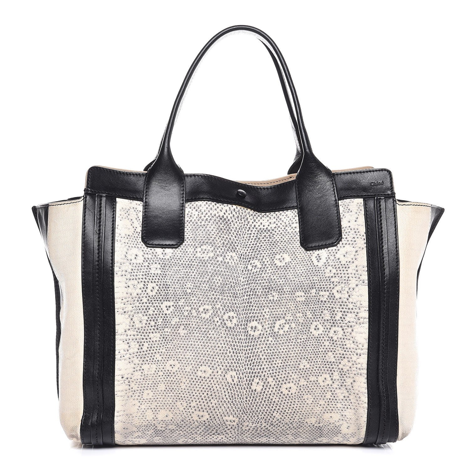 Chloe Grained Calfskin Lizard Embossed Mini Alison East West Tote Black White 1 of 15