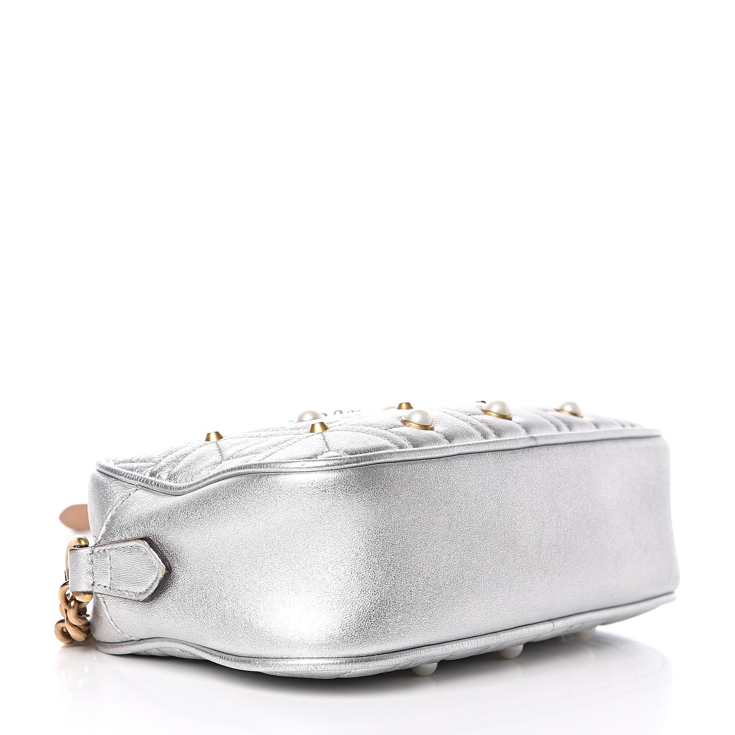 Gucci Metallic Calfskin Matelasse Studded Small Pearly GG Marmont Chain Shoulder Bag Silver 4 of 18