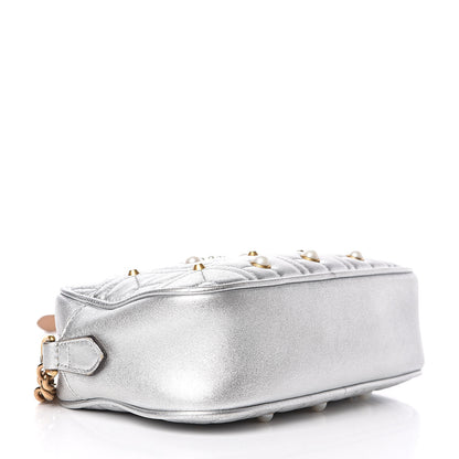 Gucci Metallic Calfskin Matelasse Studded Small Pearly GG Marmont Chain Shoulder Bag Silver 4 of 18